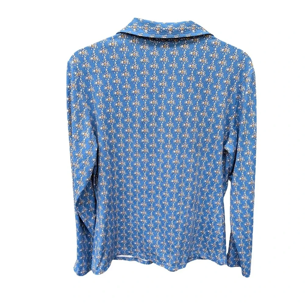 J. McLaughlin Women's Catalina Cloth Blue Damask Floral Long Sleeve Polo Top- M - Picture 3 of 7